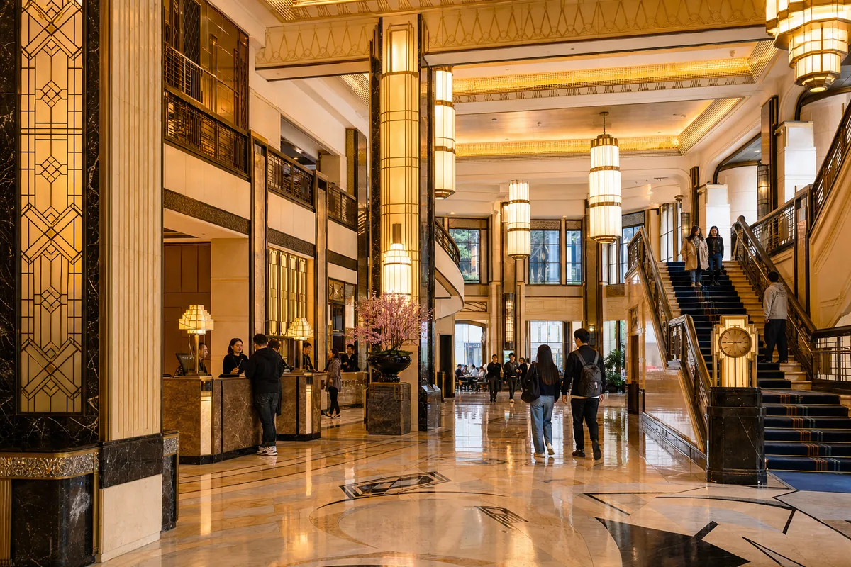 Art Deco lobby of a heritage luxury hotel on the Shanghai Bund