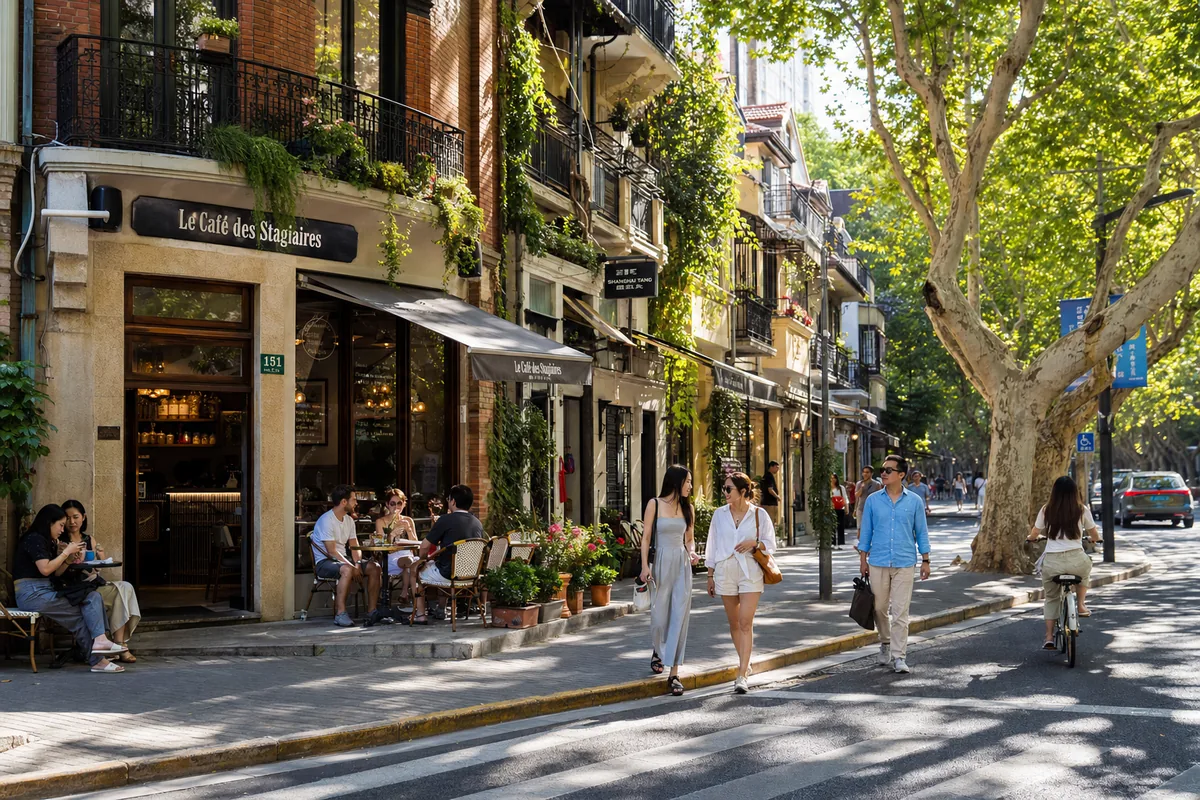 Tree-lined street with boutiques in the former French Concession, Shanghai