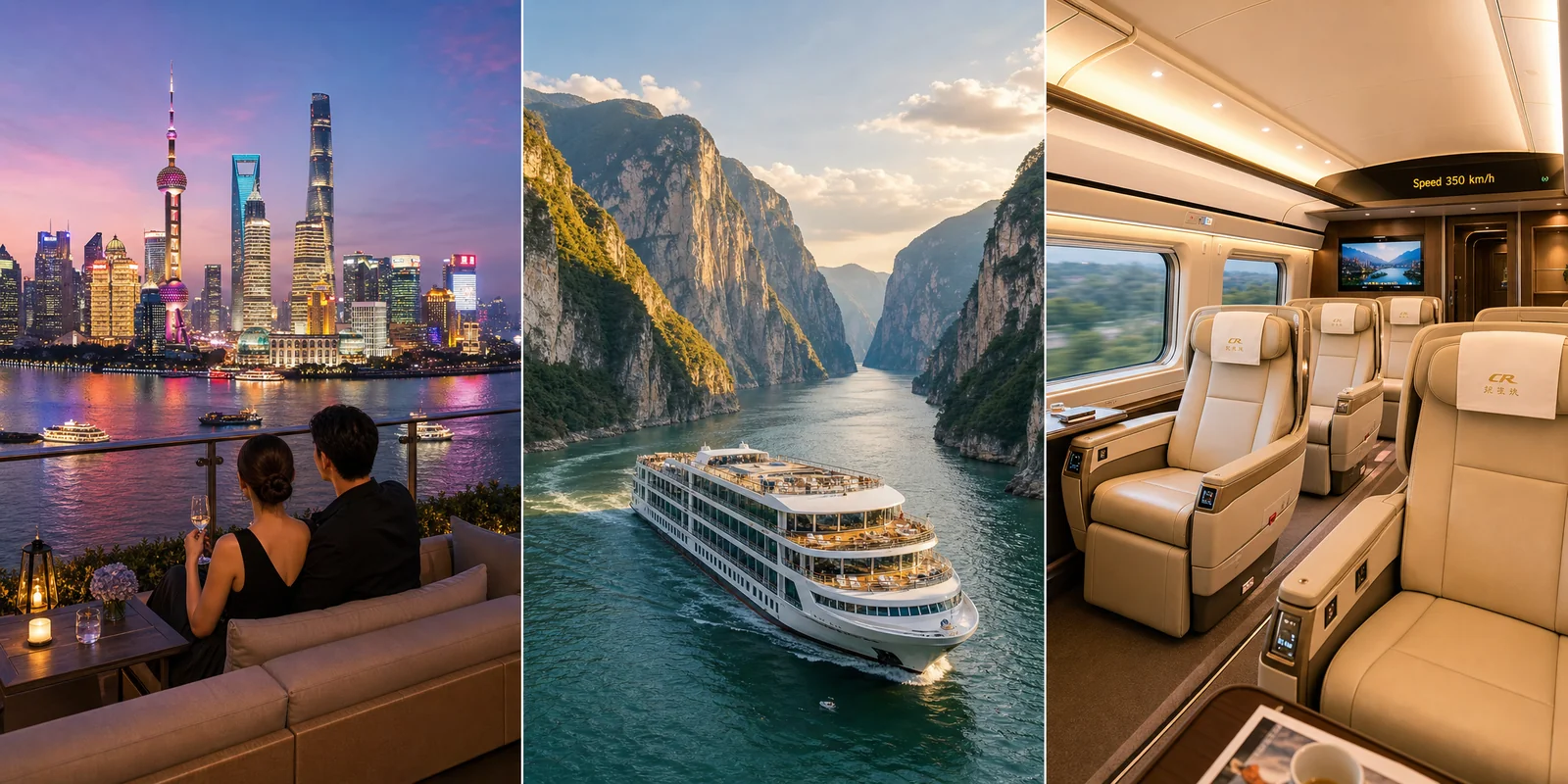 Luxury travel in China: Shanghai Bund skyline hotel, Yangtze cruise ship, and high-speed train business class
