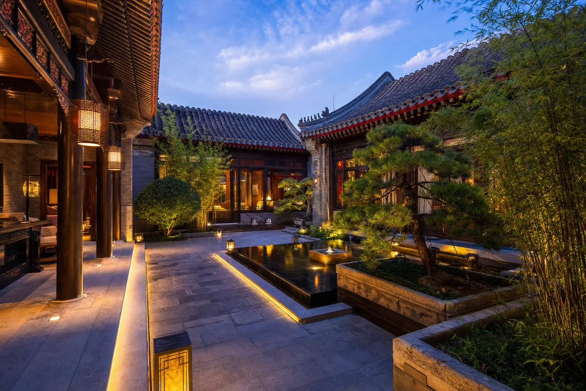 Courtyard of a luxury hotel in Beijing blending traditional Chinese architecture with modern design