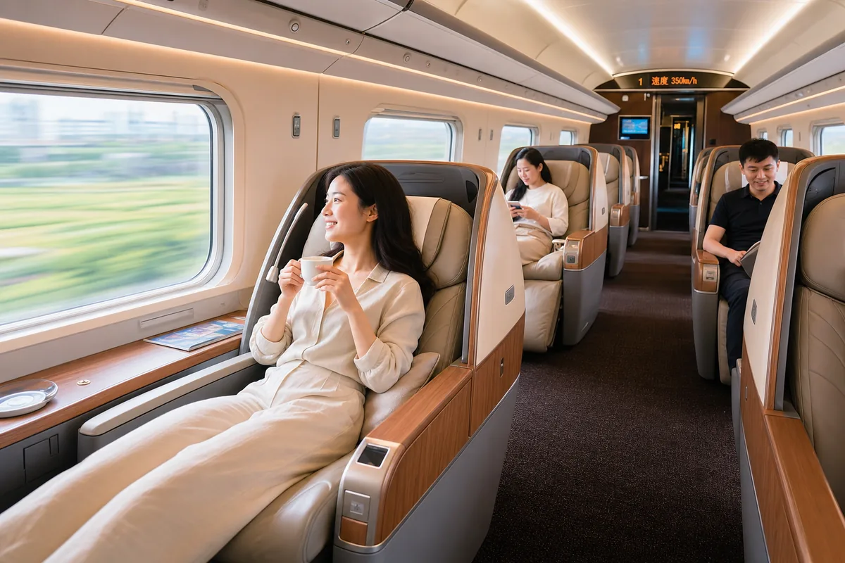 Business class cabin on a Chinese high-speed train with wide reclining seats
