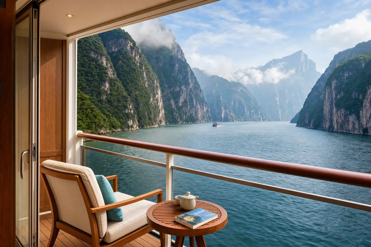 Luxury Yangtze cruise ship sailing through the Three Gorges seen from a private balcony