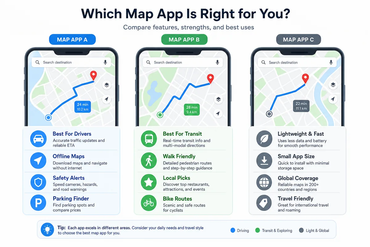 Comparison of the three main China navigation apps: Amap, Baidu Maps, and Apple Maps