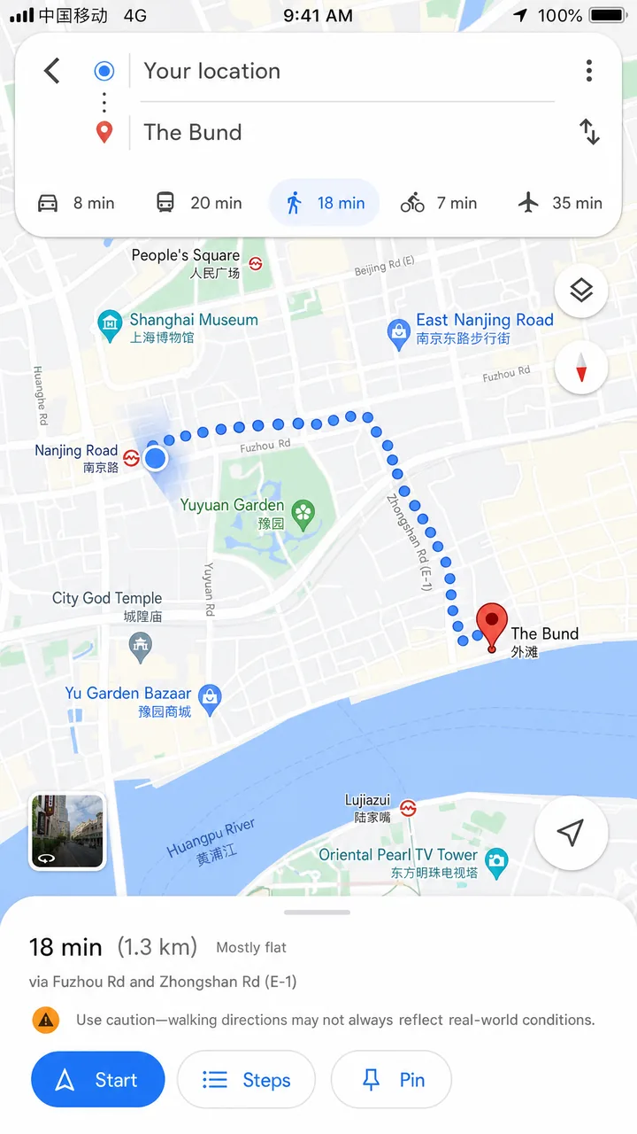 Apple Maps showing an English interface with a walking route in a Chinese city