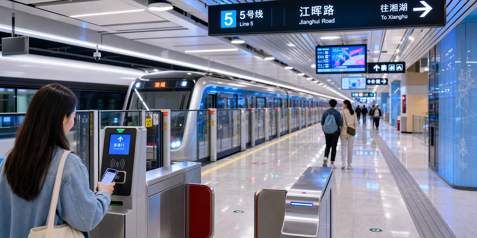 Passengers using a clean modern Chinese metro station with bilingual signs and platform screen doors