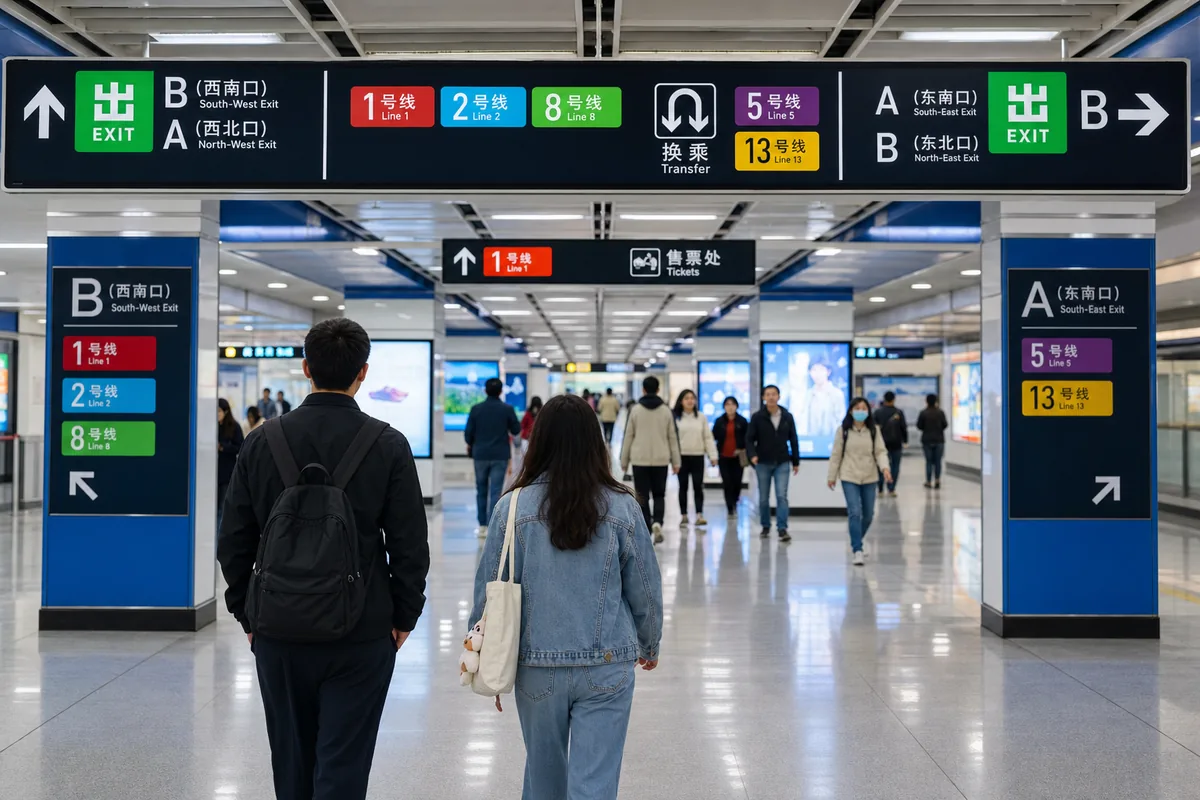 Bilingual metro transfer and exit signage with lettered exits inside a Chinese subway station