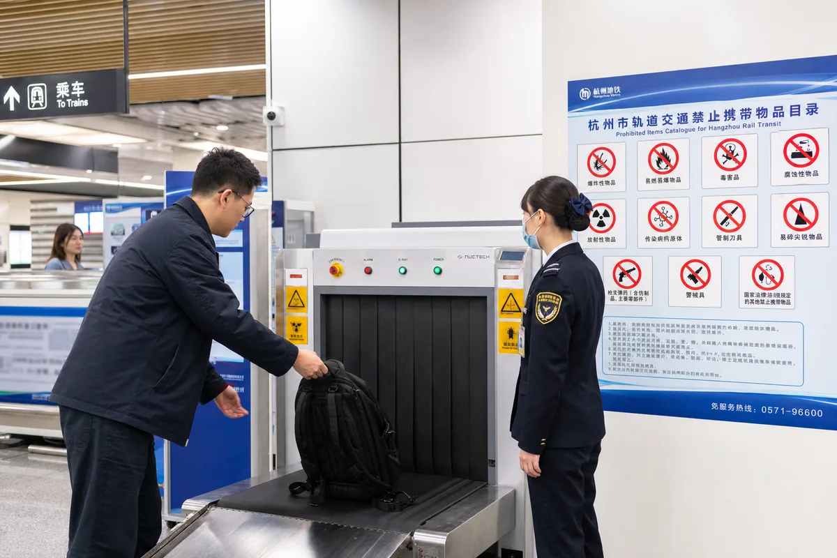Security check with X-ray scanner at the entrance of a Chinese metro station