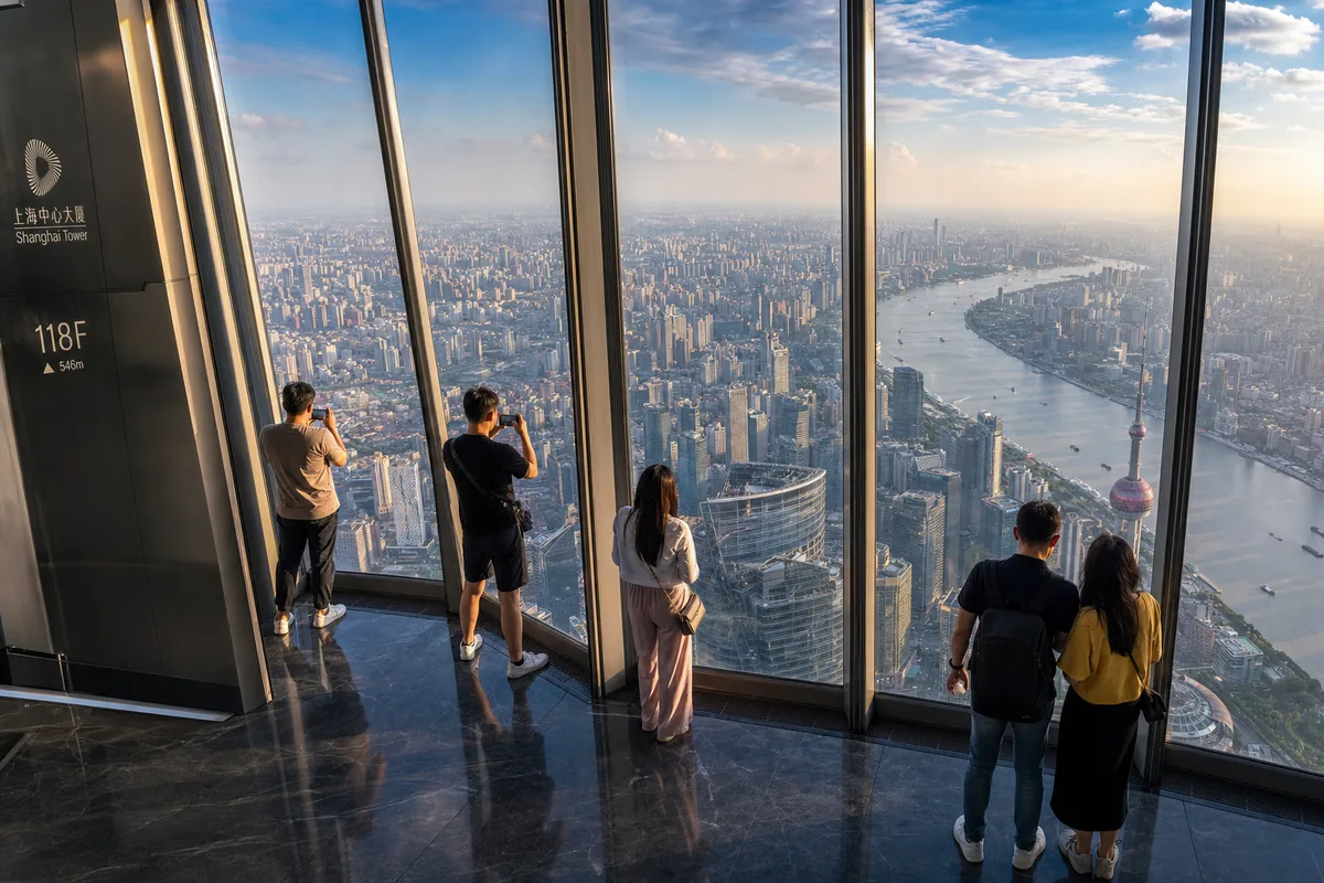 View from the Shanghai Tower observation deck looking down over the city and the Huangpu River bend