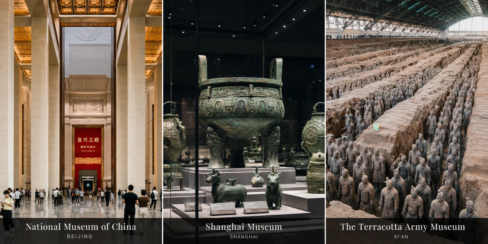 Collage of top China museums: National Museum of China grand hall, Shanghai Museum bronze gallery, and the Terracotta Army pits
