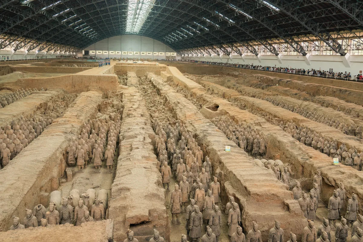 Rows of life-sized terracotta warriors in Pit 1 of the Terracotta Army Museum in Xi'an