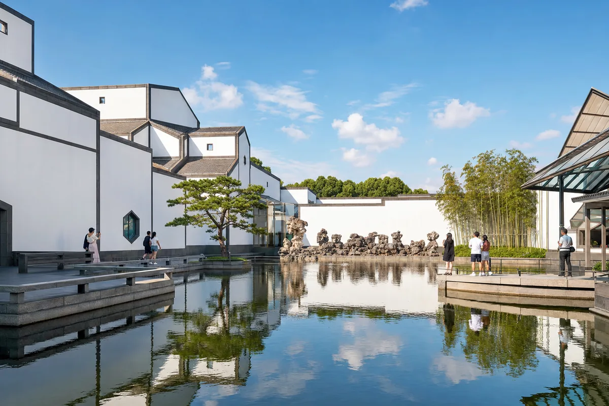 The Suzhou Museum designed by I. M. Pei, with white geometric walls and a reflecting water courtyard