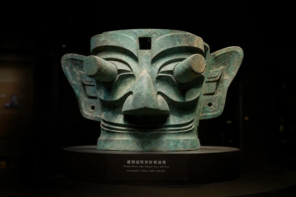 A bronze mask with protruding eyes from the Sanxingdui Museum near Chengdu