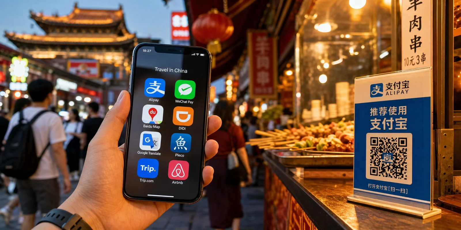 Smartphone showing China travel apps with a blurred Chinese street market in the background