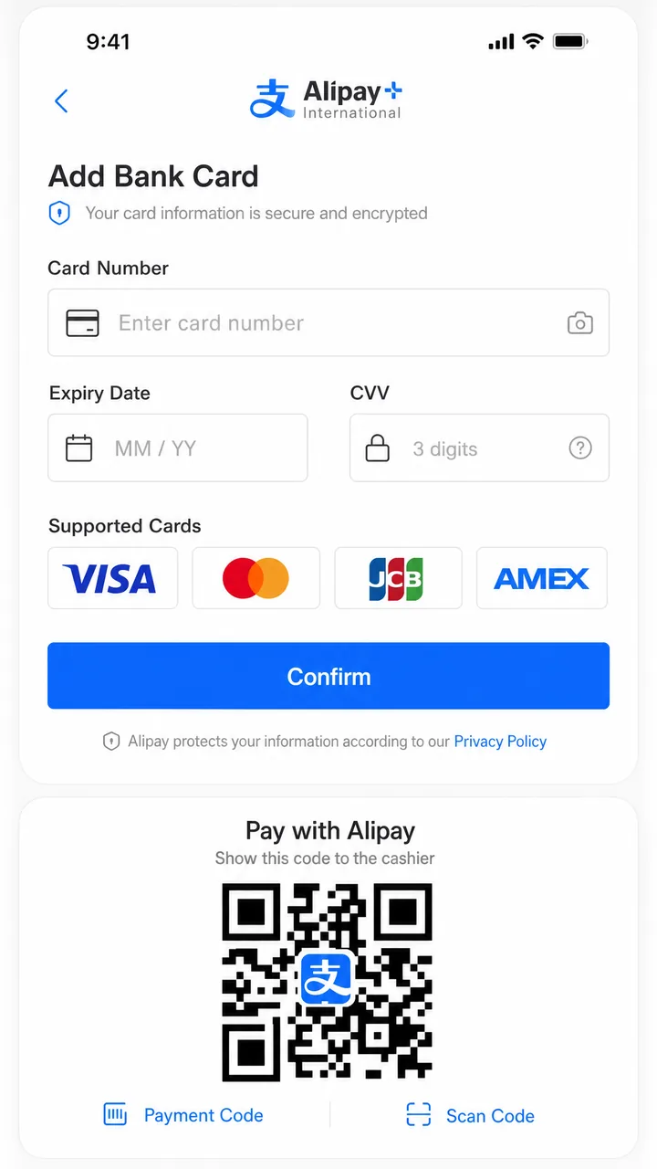 Alipay International Version screen for linking a foreign bank card on a smartphone