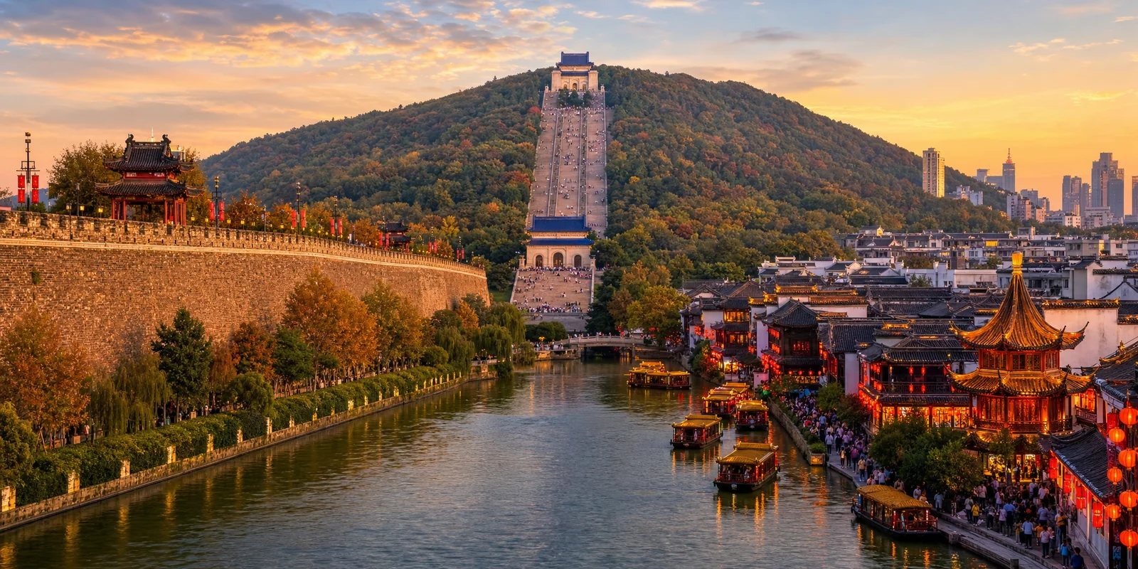 Nanjing historical landmarks including the city wall and Purple Mountain at golden hour