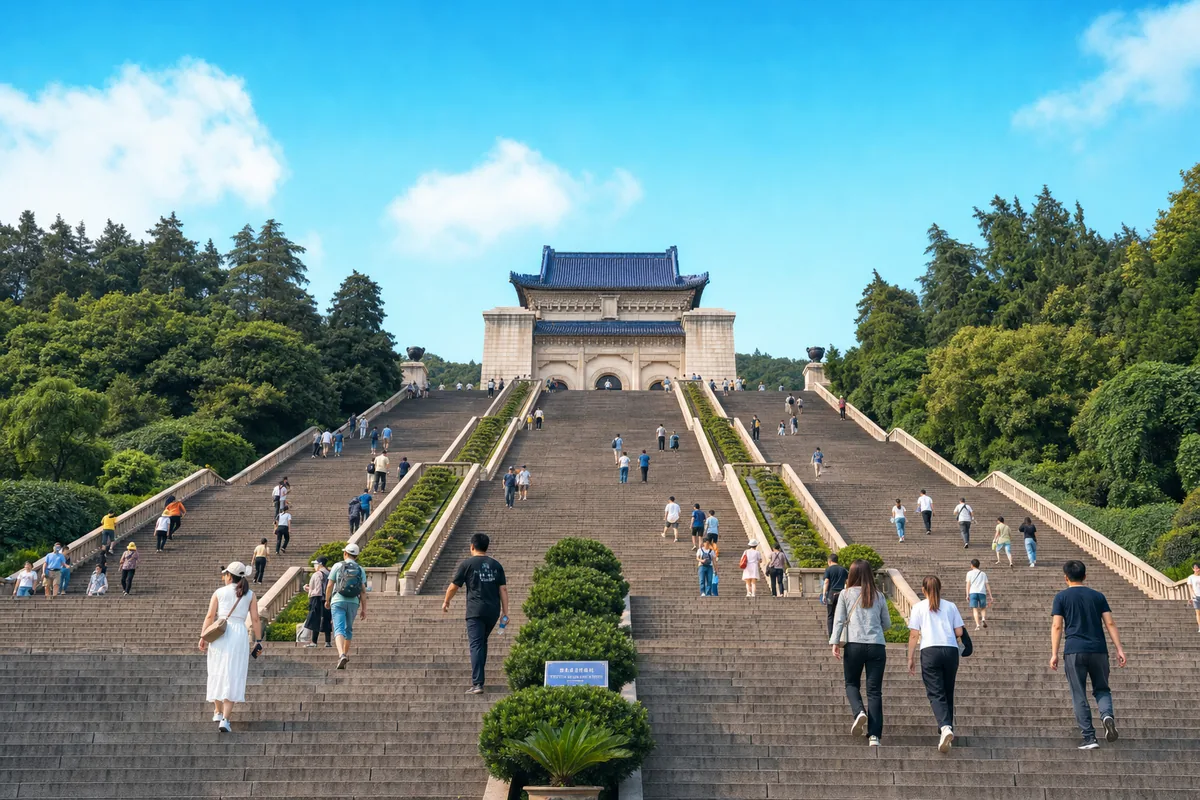 The granite staircase of the Sun Yat-sen Mausoleum rising toward the memorial hall on Purple Mountain