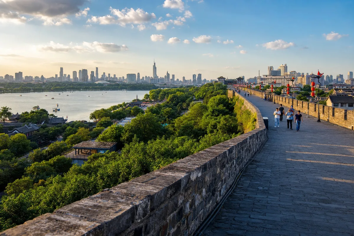 A preserved section of the Nanjing Ming city wall overlooking a lake