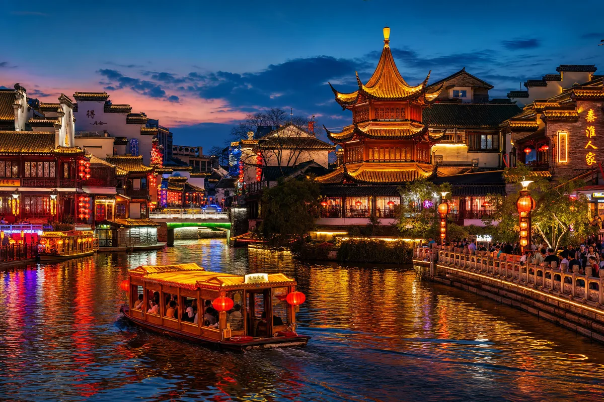The Confucius Temple and Qinhuai River lit with red lanterns at night in Nanjing