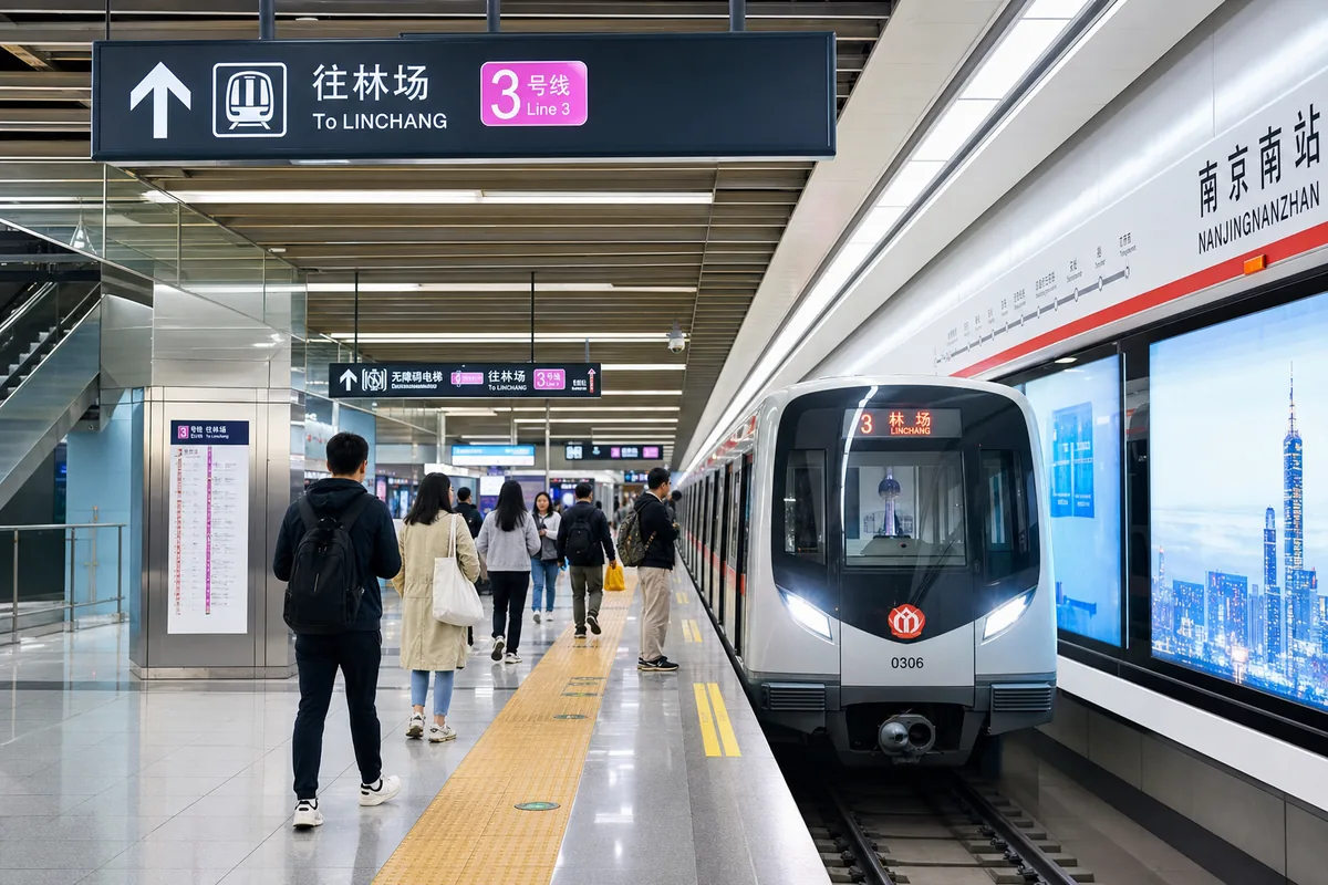 A clean Nanjing metro station platform with bilingual signage