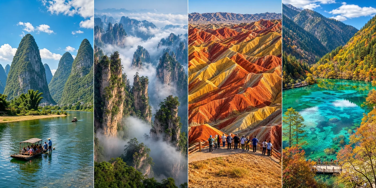 Collage of China's natural wonders: Guilin karst river, Zhangjiajie sandstone pillars, Zhangye rainbow hills, and Jiuzhaigou colored lakes