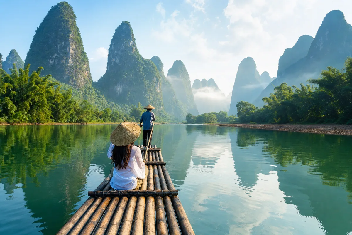 Bamboo raft drifting along the Li River past rounded karst peaks in morning mist near Yangshuo
