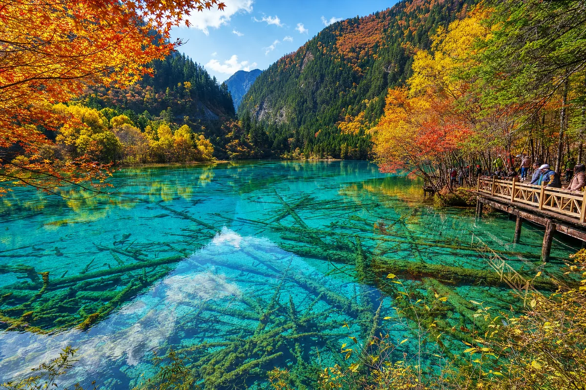 Crystal-clear turquoise lake at Jiuzhaigou with submerged tree trunks and autumn-colored forest