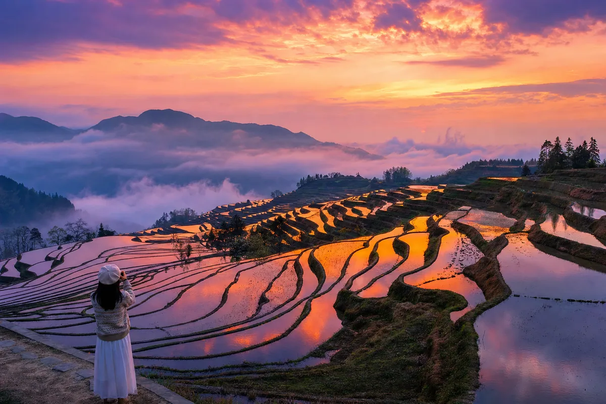 Yuanyang rice terraces in Yunnan flooded and reflecting the sky like mirrored steps