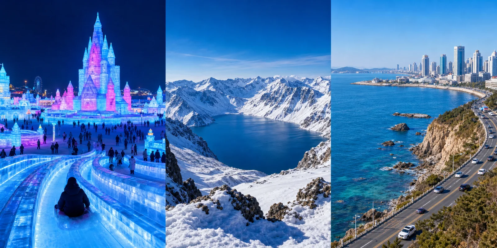 Northeast China route collage: Harbin ice festival, Changbaishan crater lake, and Dalian coastline