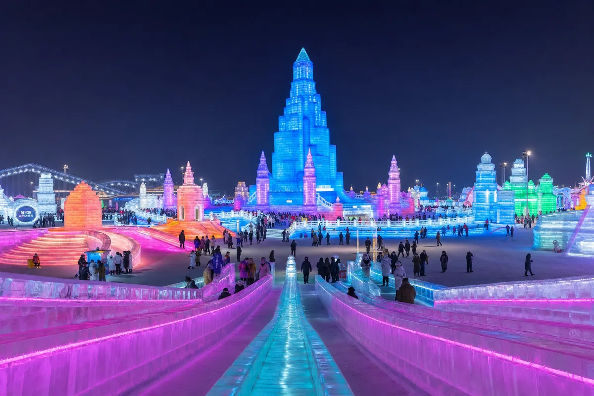 Illuminated ice buildings and slides at Harbin Ice and Snow World at night
