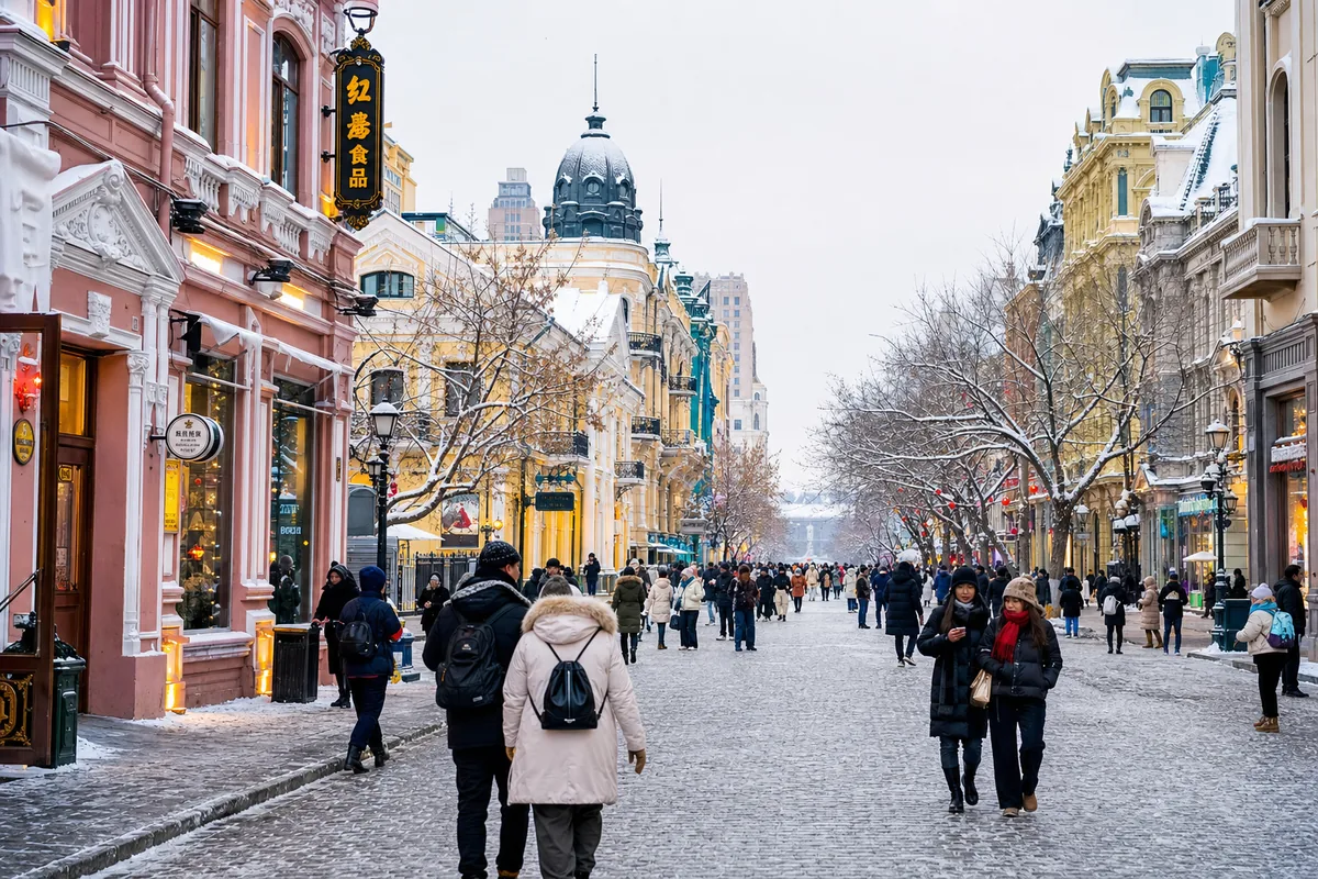 Cobblestone Central Street in Harbin lined with European-style buildings in winter