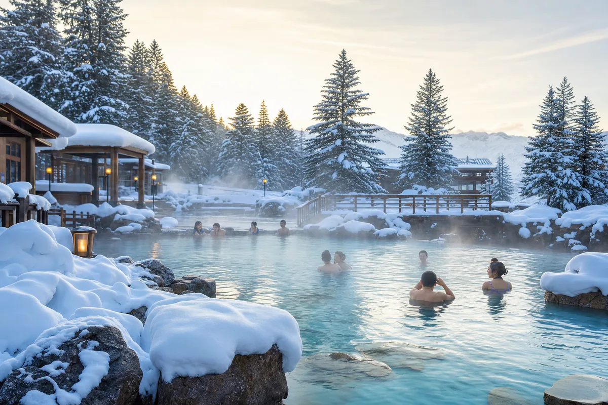 Outdoor hot spring pool steaming amid snow at Changbaishan