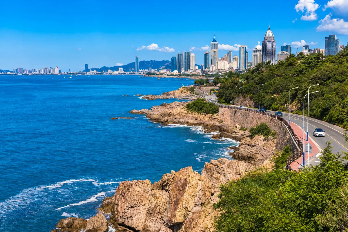 Dalian coastal cliffs and blue sea along Binhai Road