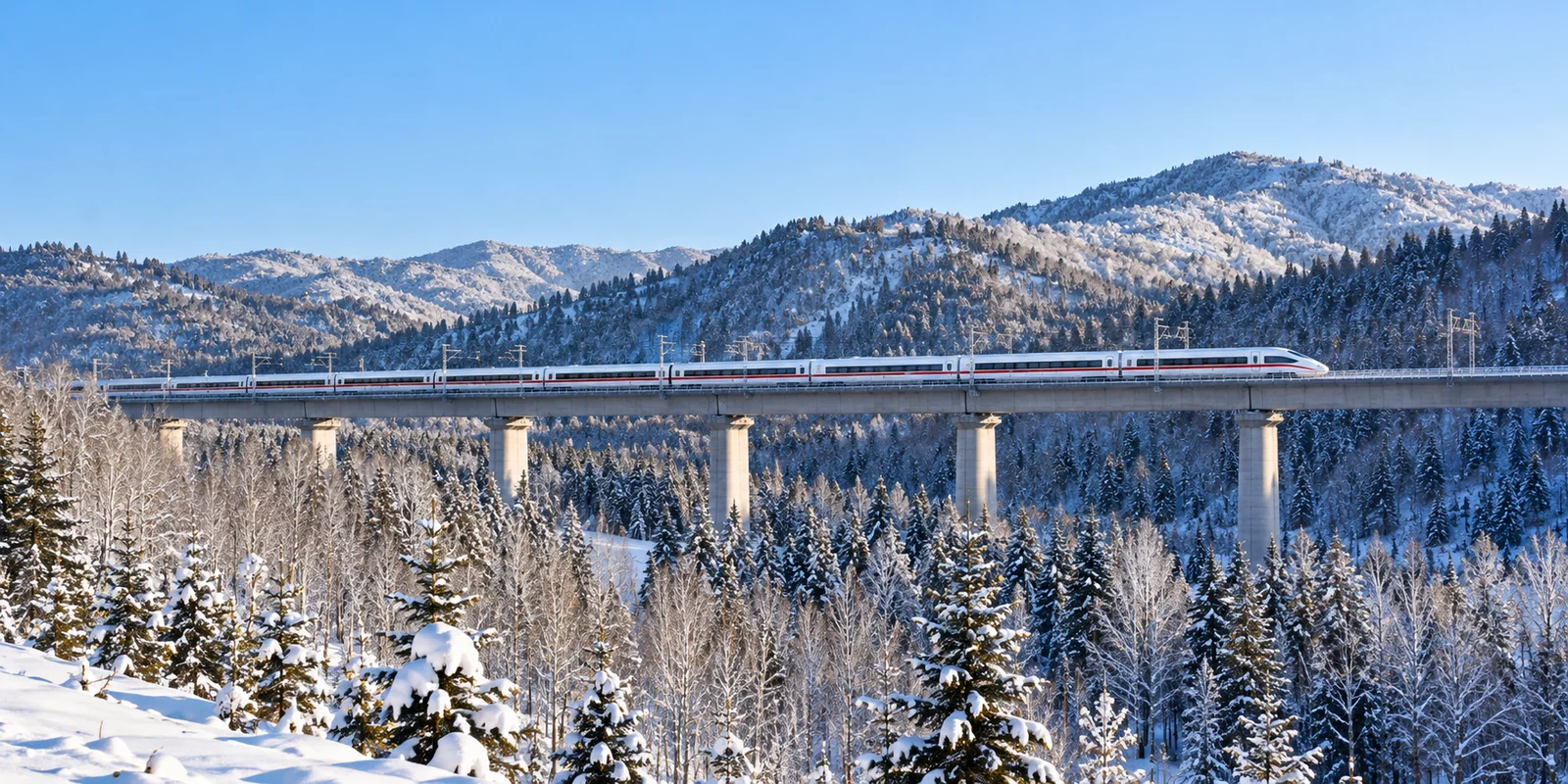 A white high-speed train crossing a snowy birch and pine forest in Northeast China under a clear winter sky