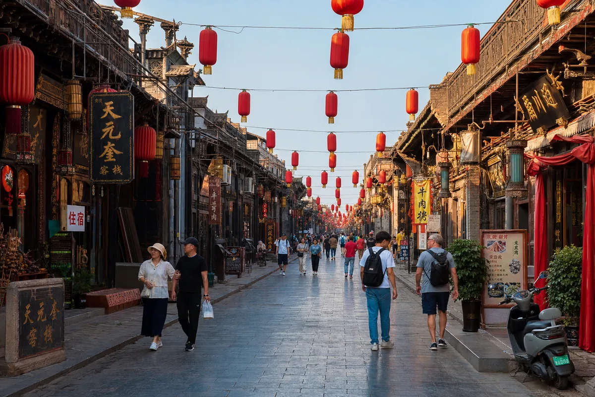 Main street inside Pingyao old town lined with Ming and Qing shopfronts and red lanterns