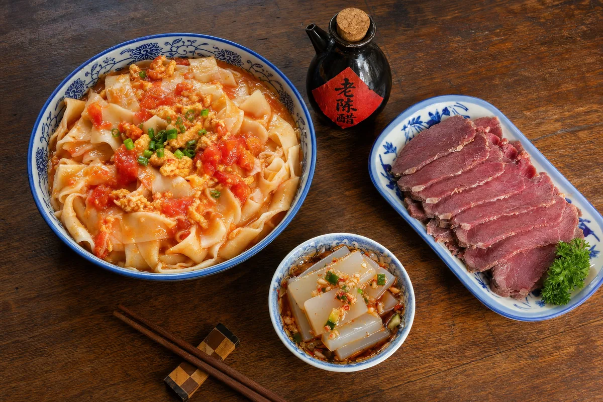 Shanxi local dishes including knife-cut noodles and Pingyao cured beef