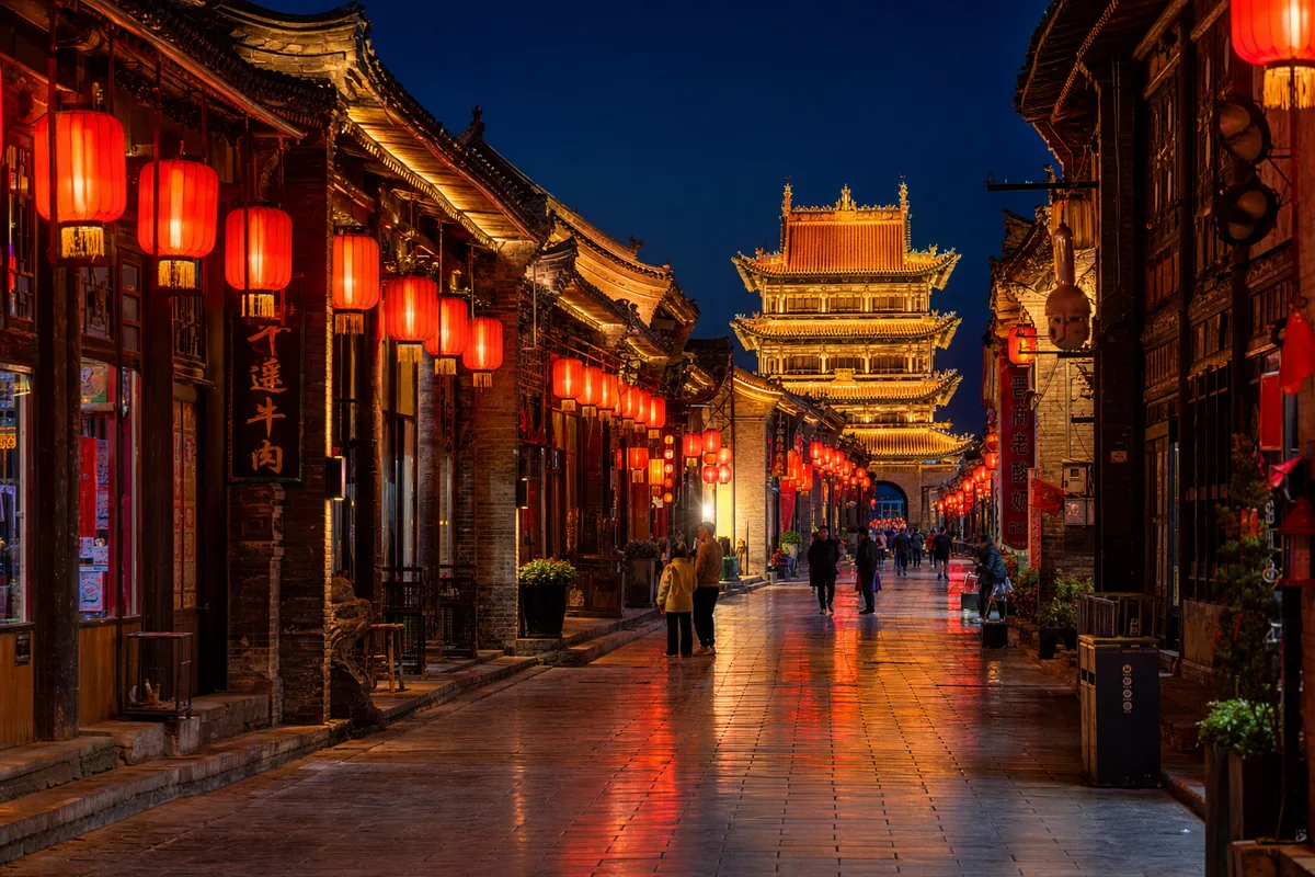 Pingyao old town streets lit by red lanterns at night