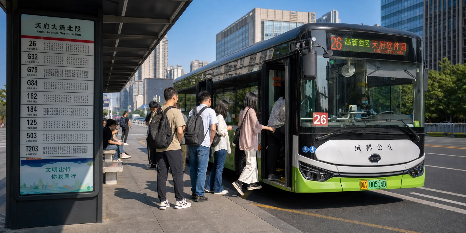 Passengers boarding a modern city bus in China at a street-side stop