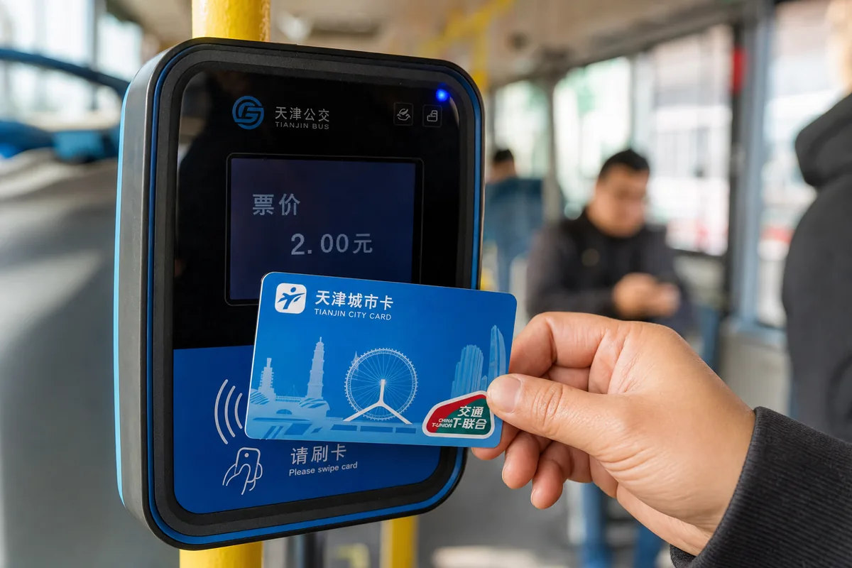 A reloadable Chinese public transport card held near a bus card reader