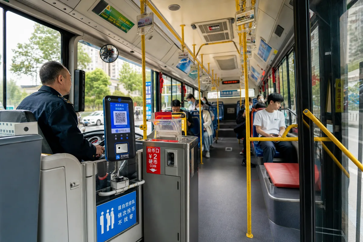 Inside a Chinese city bus showing the front-door fare scanner and farebox