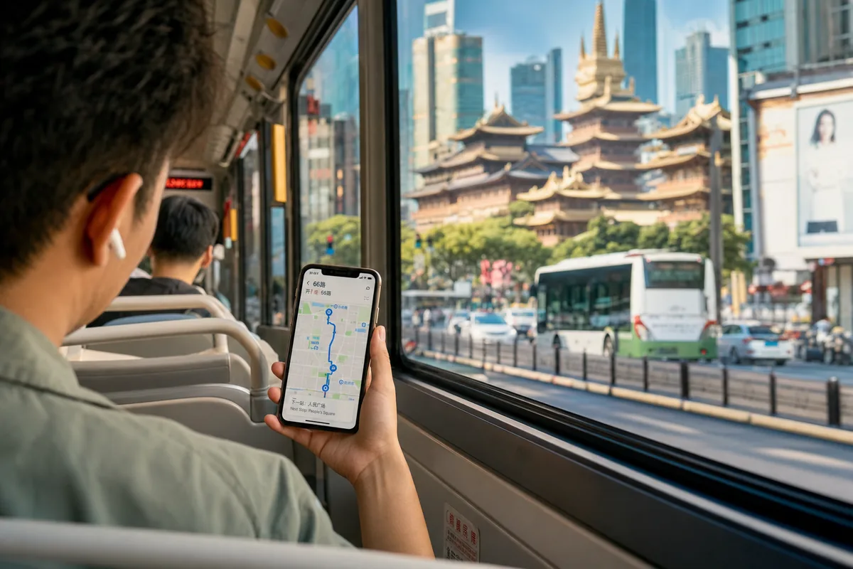 A passenger checking a map app's live bus route on a phone while riding