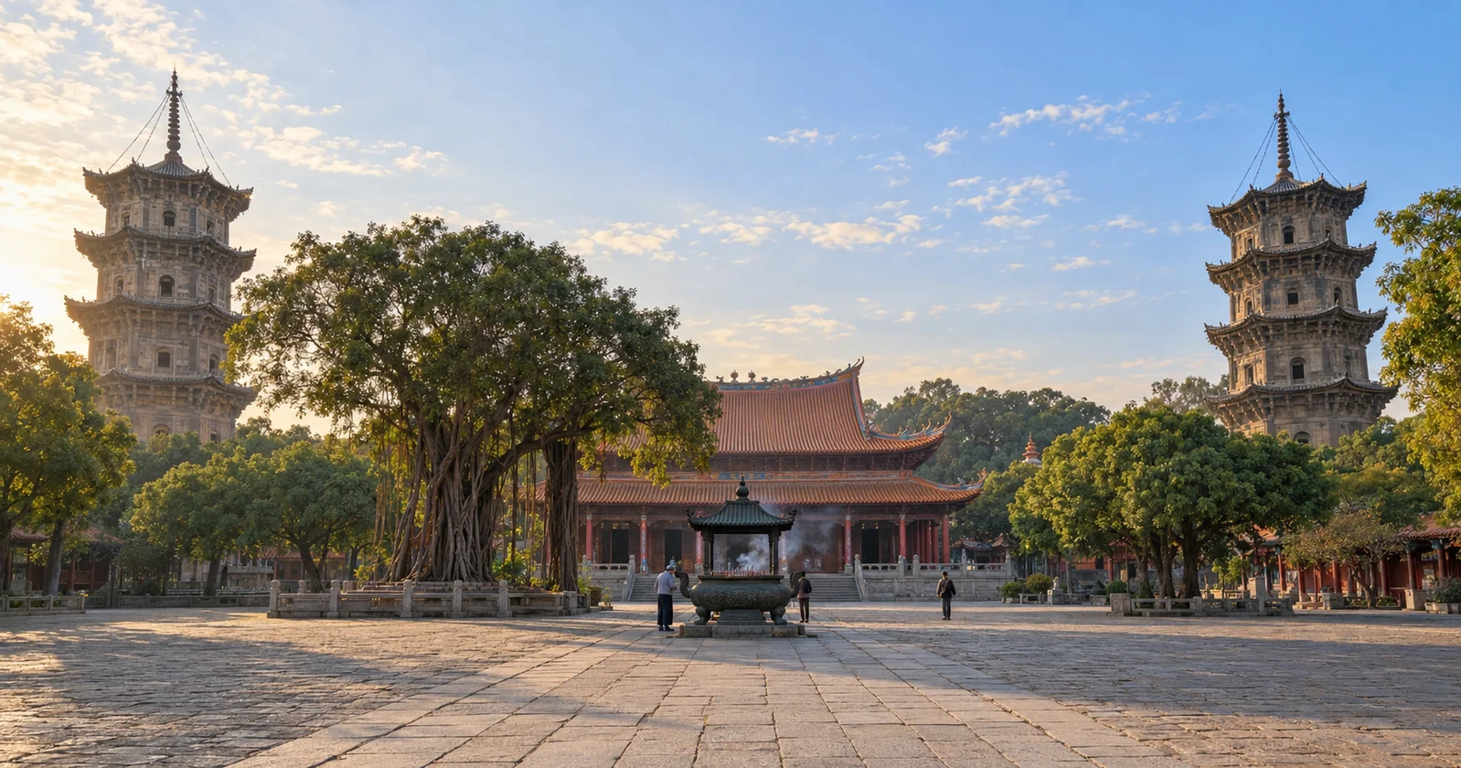 The twin stone pagodas of Kaiyuan Temple in Quanzhou seen across the temple courtyard in early morning light