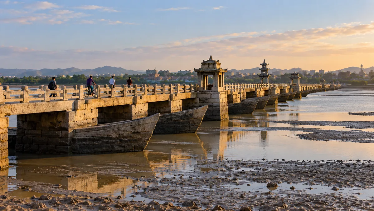 Luoyang Bridge, a long low stone slab bridge across the river estuary north-east of Quanzhou, with people walking across in late afternoon