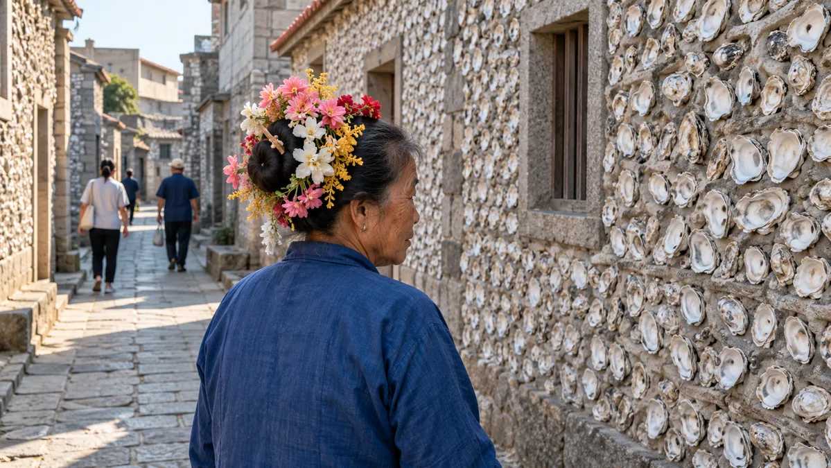 A woman in Xunpu village near Quanzhou wearing the traditional flower-crown headdress in front of a wall built with oyster shells