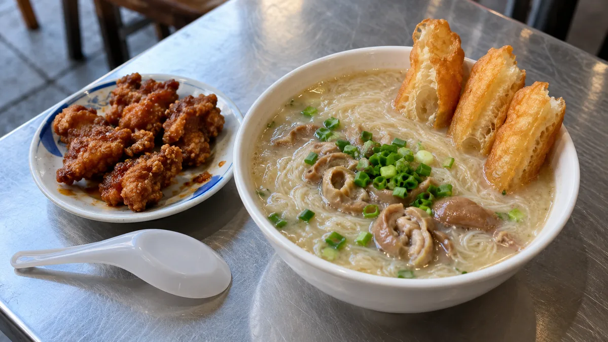 A bowl of mianxian hu, Quanzhou's thin wheat-noodle breakfast porridge, topped with fried dough stick pieces and spring onion