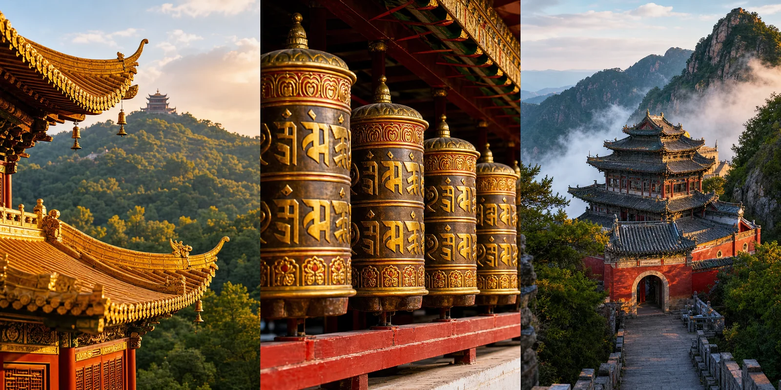 Collage of China religious sites: a golden Buddhist temple roof, Tibetan prayer wheels, and a Daoist mountain temple