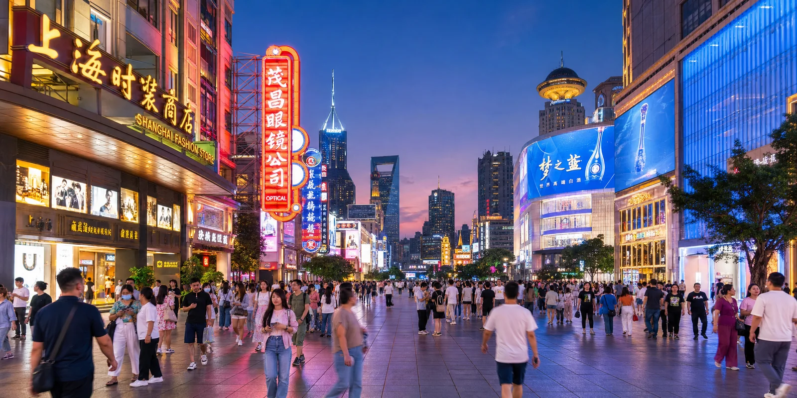 Well-lit busy shopping street in a Chinese city at night with people walking safely, conveying China travel safety