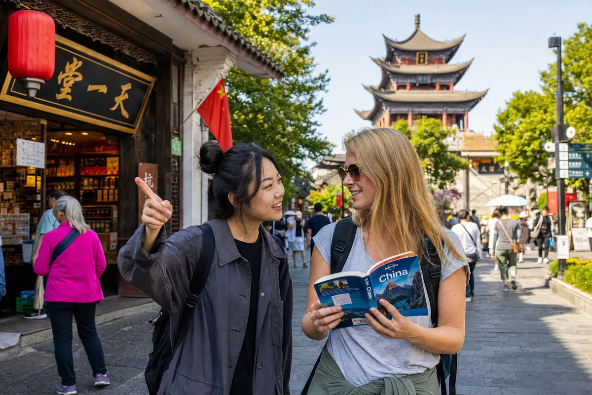 Tourist talking with a friendly stranger near a tourist area, illustrating how the tea house scam in China starts