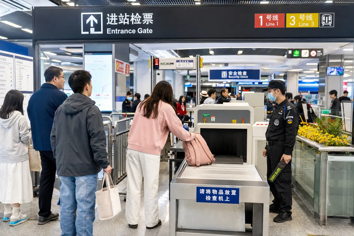 Security screening at a Chinese metro station entrance with bags going through an X-ray scanner