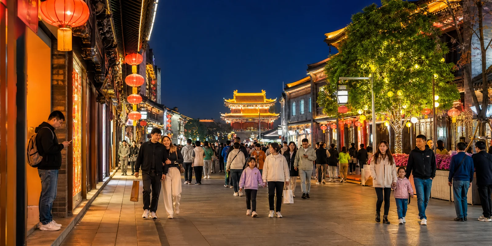 A solo traveler checking a phone on a bright, busy pedestrian street in a Chinese city at night