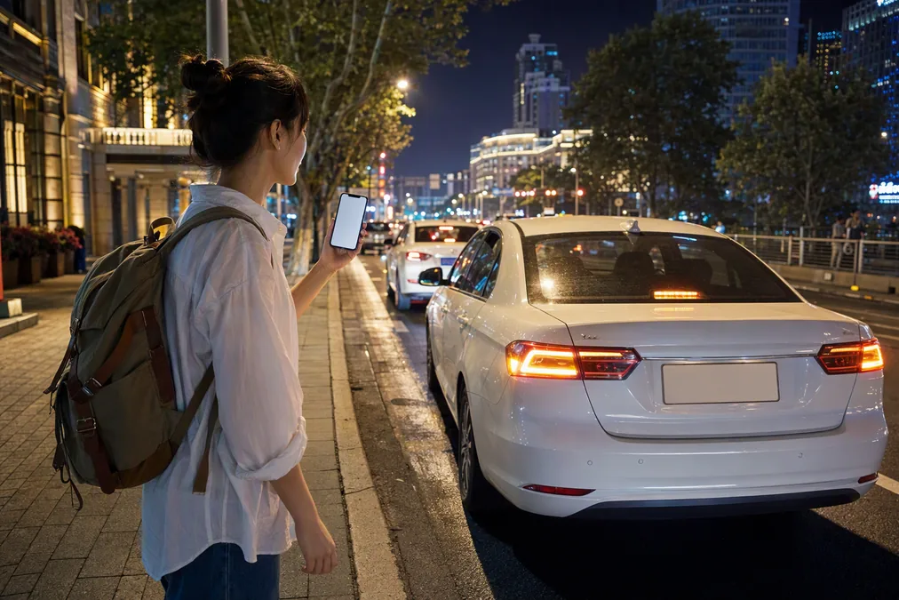 A woman comparing the licence plate on her phone with a waiting ride-hailing car at night